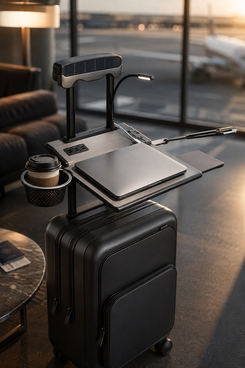 PERCH work-station clipped to a carry-on in an airport lounge
